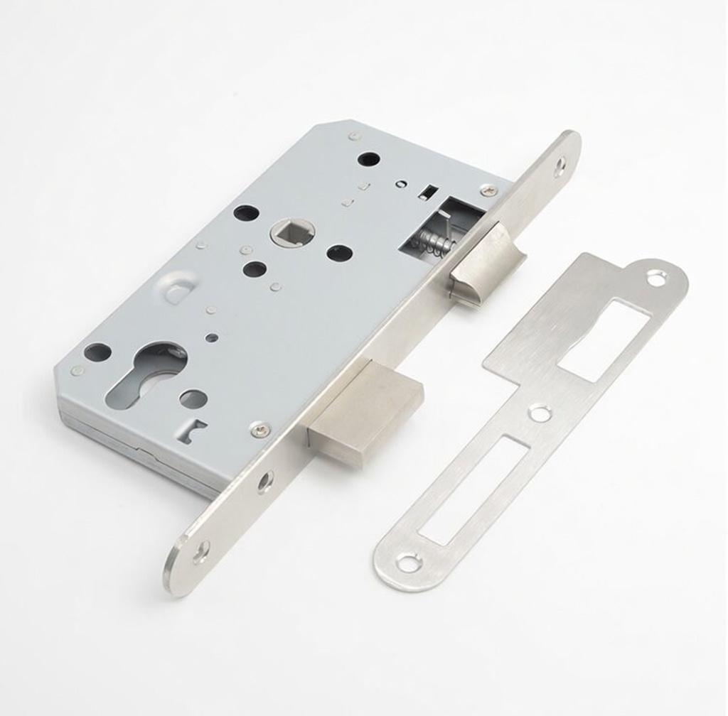 Mortise lock body and strike plate